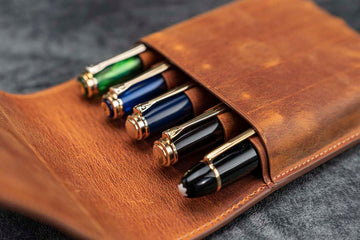 Galen Leather | Estuche Leather Flap Pen Case for Five Pens Crazy Horse Brown