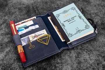 Galen Leather | Cartera Leather Wallet Insert for Traveler's Notebook Passport Size Crazy Horse Navy Blue
