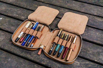 Galen Leather | Funda Leather Zippered 10 Slots Pen Case Brown