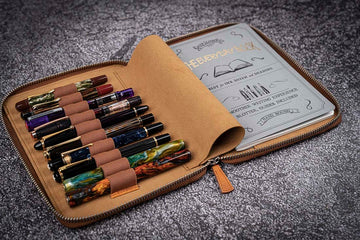 Galen Leather | Funda Leather Zippered 10 Slots Pen Case with A5 Notebook Holder Crazy Horse Brown
